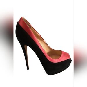 Giuseppe Zanotti Black Suede Pink Satin Trim  Peep Toe Heels